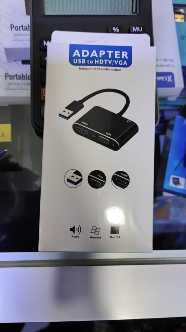 ADAPTADOR USB A HDMI A VGA + AUDIO (3EN1) CAJA BLANCA