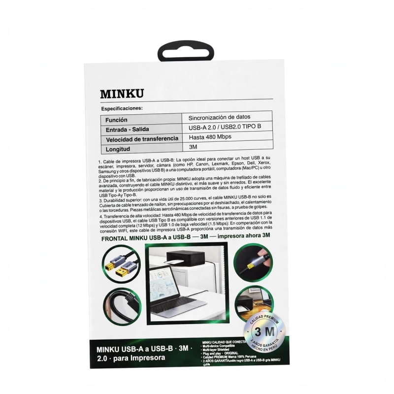 CABLE IMPRESORA 3MT EN MALLA CAJA MINKU AWX-044