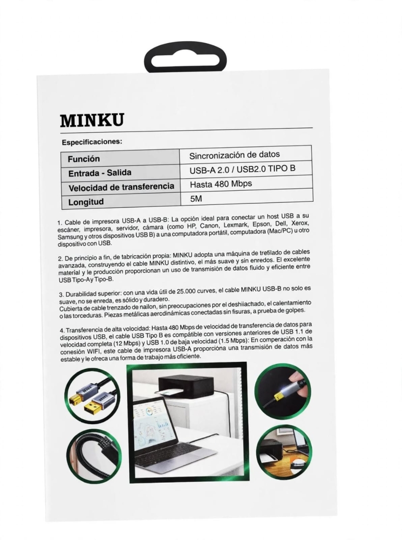 CABLE IMPRESORA 5MT EN MALLA CAJA MINKU AWX-045