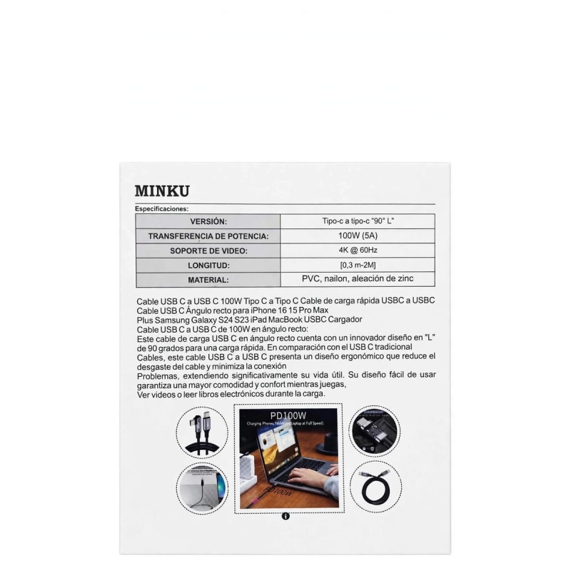 CABLE TIPO C A TIPO C CODO  EN MALLA 2MT MINKU AWX-049
