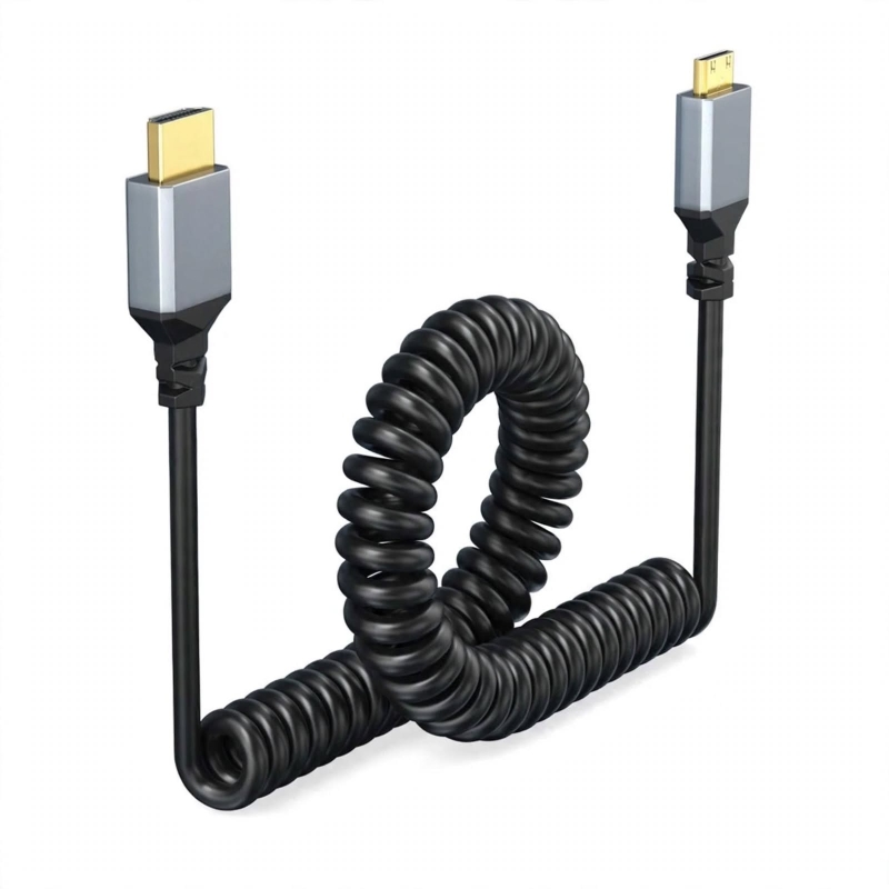 CABLE MICRO HDMI A HDMI RESORTE ESPIRAL FE-421 - 4K @60HZ 0.5M A 2M - 1080P 3D - PARA CÁMARA GOPRO VIDEOCÁMARA - TPU CHAPADO ORO - MINKU