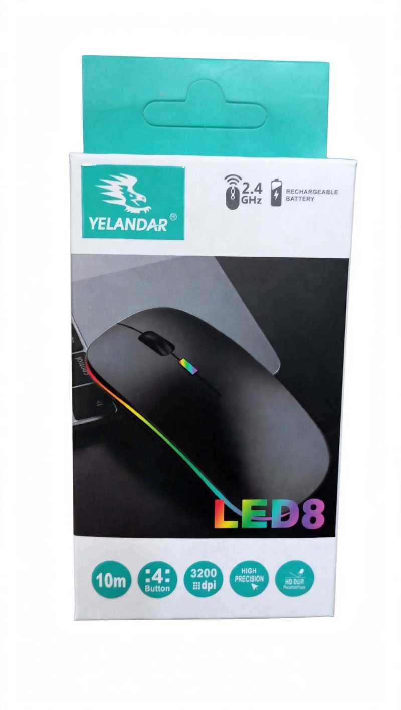 MOUSE INALÁMBRICO YELANDAR LED8 RGB RECARGABLE 2.4GHZ 3200 DPI 4 BOTONES