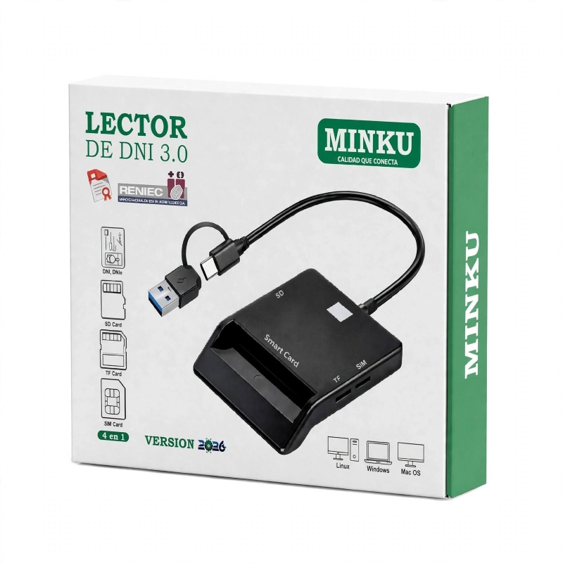 LECTOR DNI ELECTRÓNICO 3.0 MINKU VERSIÓN 2020 4 EN 1 DOBLE ENTRADA - SMART CARD SIM SD MICROSD - USB-A 2.0 + USB-C 1.3M - PARA RENIEC FIRMA DIGITAL BA