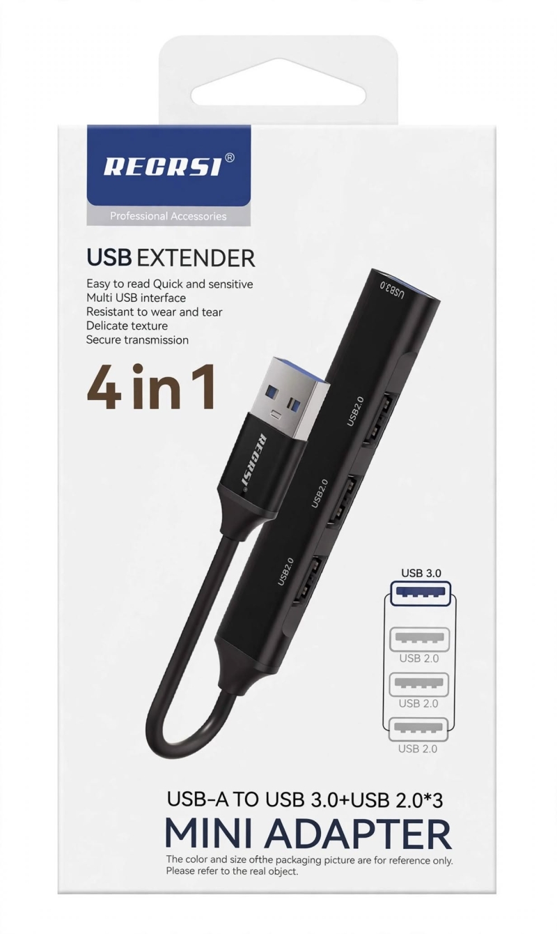 HUB MINI ADAPTADOR REGRSI CK-01 USB EXTENDER 4 IN 1 USB-A A USB 3.0 + 3 USB 2.0 4 PUERTOS NEGRO
