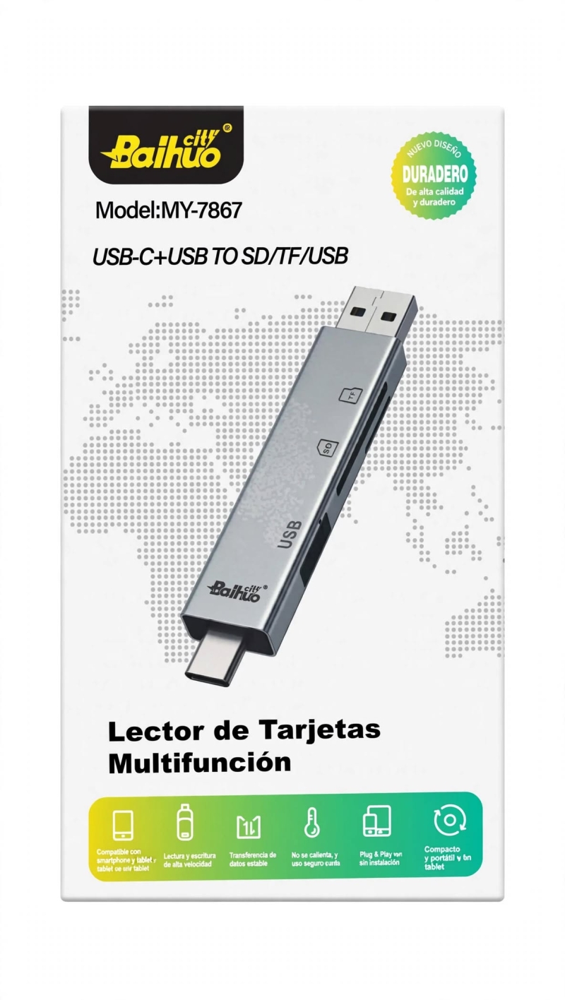 LECTOR DE TARJETAS MULTIFUNCION USB-C + USB A SD TF USB MODEL MY-7867 BAIHUO