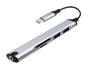HUB USB-C 5 EN 1 FE-418 - 2X USB 3.0 5GBPS + LECTOR SD + MICROSD TF + AUDIO 3.5MM - ADAPTADOR TIPO C A USB - ALUMINIO - PLUG AND PLAY